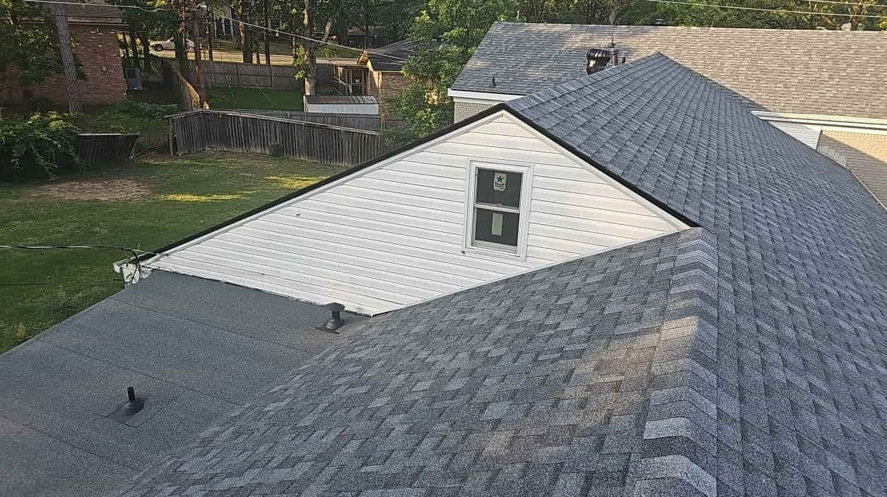 Aerial view of newly installed impact-resistant shingles