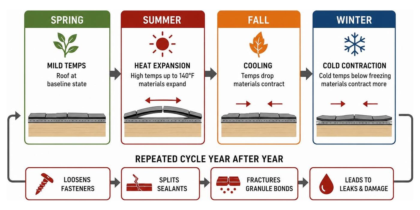Infographic showing thermal expansion and contraction cycle on Arkansas roofing materials across four seasons