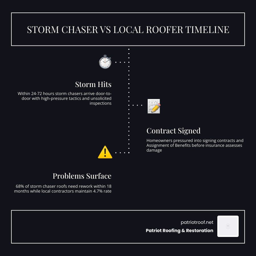 Storm chaser timeline vs local Arkansas roofer response timeline infographic Storm chaser timeline vs local Arkansas roofer response timeline infographic
