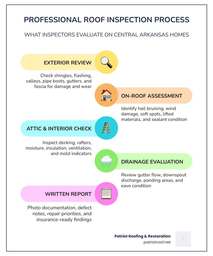 Infographic showing the 5 key components of a professional roof inspection in Central Arkansas infographic