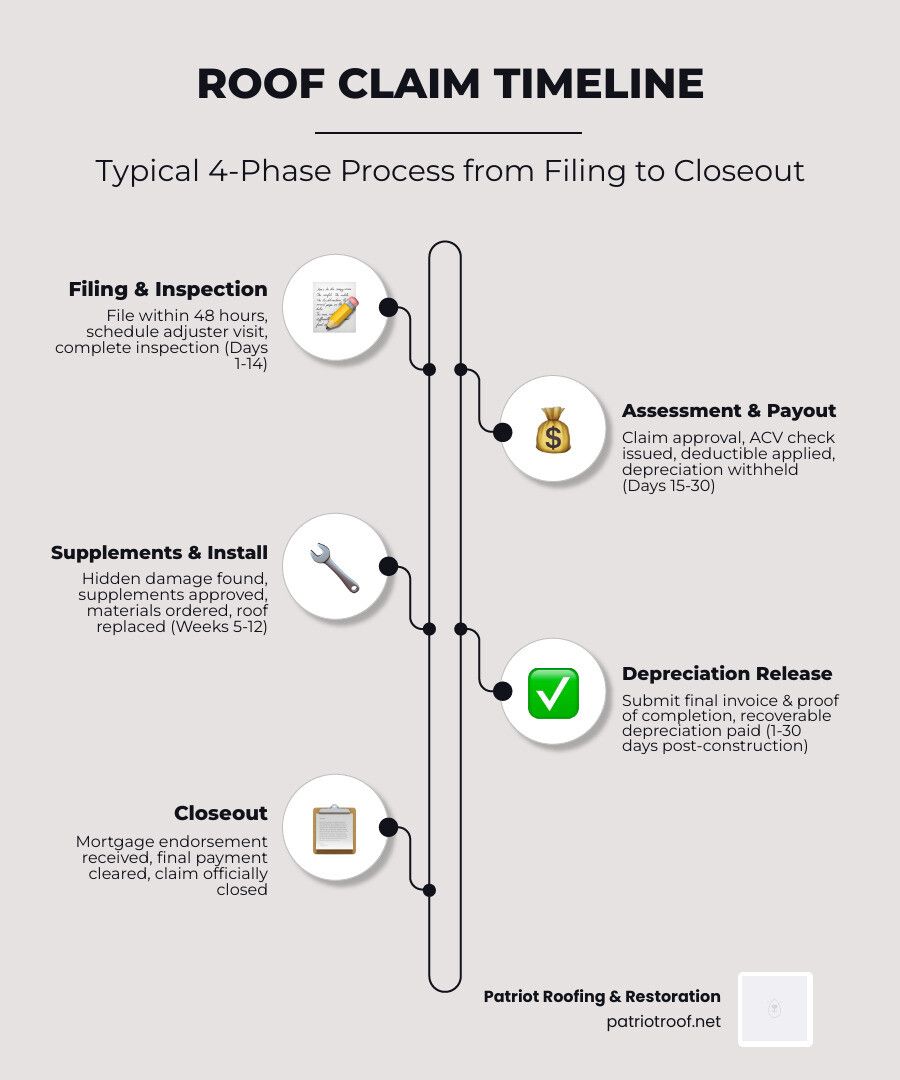 Infographic showing roof insurance claim timeline from filing to final depreciation payment in 4 phases infographic Infographic showing roof insurance claim timeline from filing to final depreciation payment in 4 phases infographic