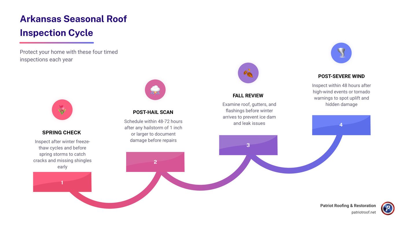 Seasonal roof inspection cycle in Arkansas spring fall post-storm schedule infographic Seasonal roof inspection cycle in Arkansas spring fall post-storm schedule infographic