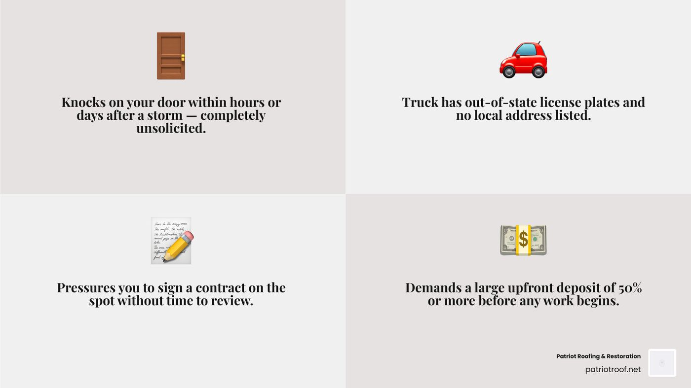 Infographic showing 6 red flags of storm-chasing roofers in Arkansas with icons for each warning sign infographic