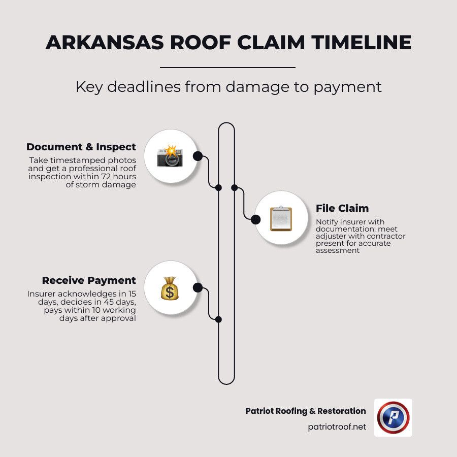 Arkansas roof insurance claim process timeline infographic from documentation to final payment infographic Arkansas roof insurance claim process timeline infographic from documentation to final payment infographic