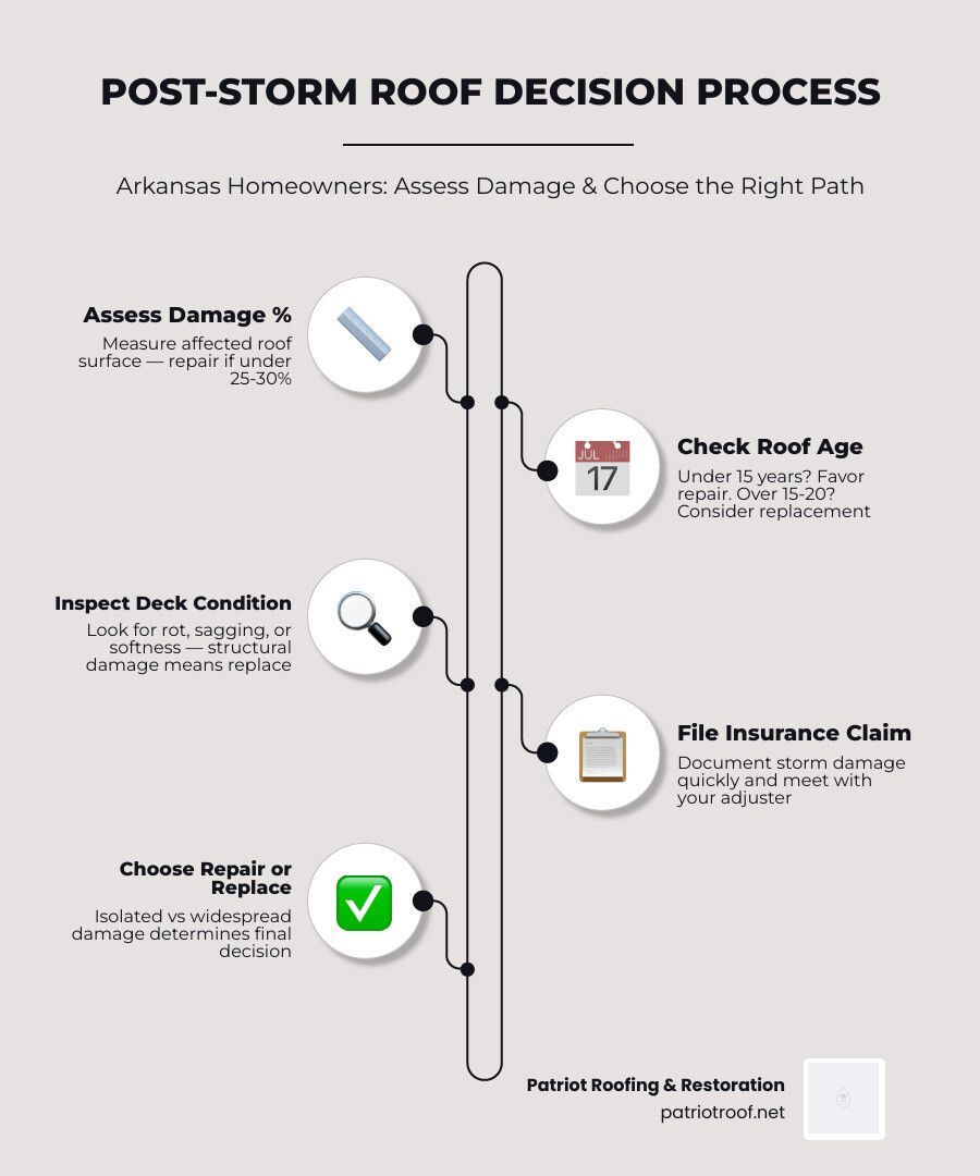 Infographic showing post-storm roof decision process: assess damage percentage, check roof age, inspect deck condition, file Infographic showing post-storm roof decision process: assess damage percentage, check roof age, inspect deck condition, file