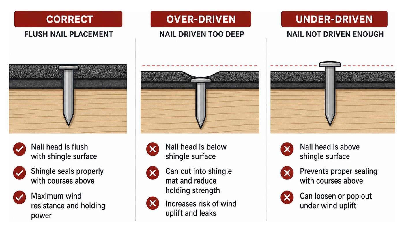 Diagram showing correct flush nail placement versus improper over driven and under driven fasteners Diagram showing correct flush nail placement versus improper over driven and under driven fasteners