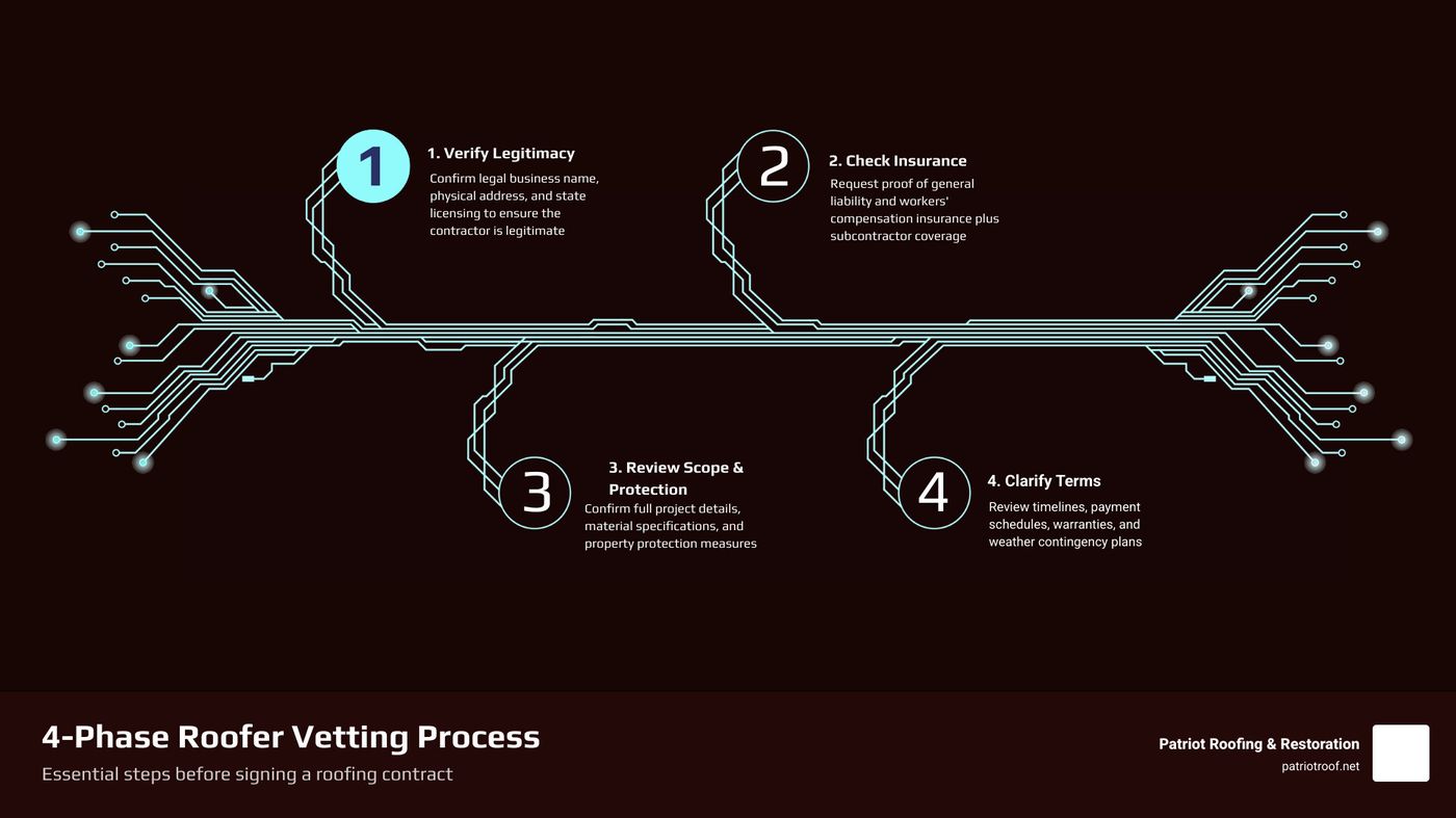 4-phase roofer vetting process: Legitimacy, Insurance and Money, Workmanship, Warranty infographic